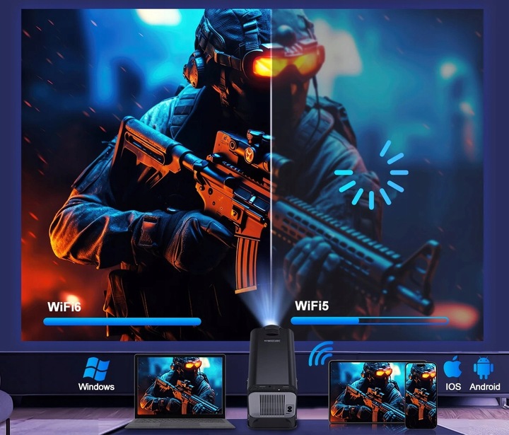 PROJEKTOR RZUTNIK ANDROID TV WIFI LED MINI PRZENOŚNY SMART GŁOŚNIK OBROTOWY