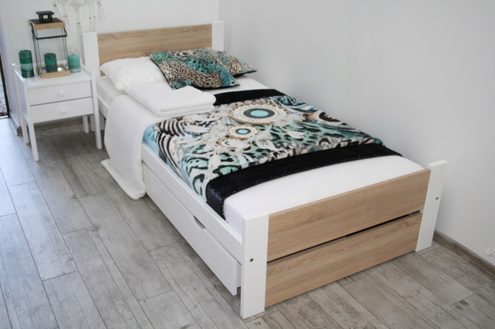 Łóżko pojedyncze drewniane LEA 90x200 białe Dąb Sonoma stelaż