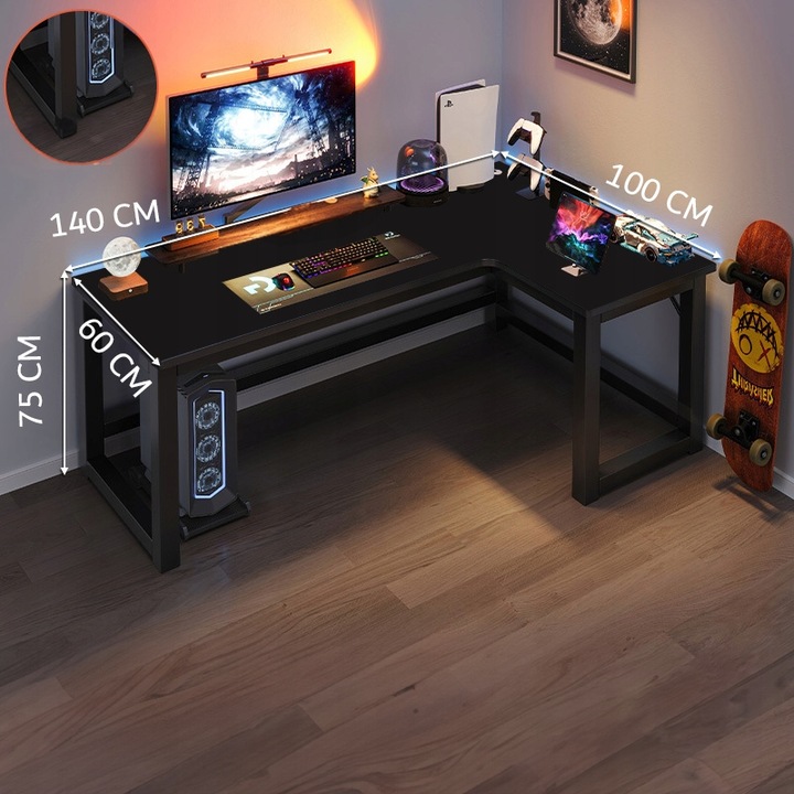 BIURKO NAROŻNE GAMINGOWE KOMPUTEROWE DUŻE NOWOCZESNE CZARNE 140 CM