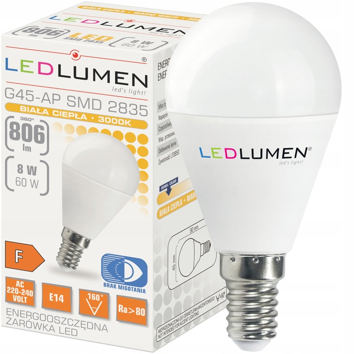 Zestaw 6x Żarówka LED E14 KULKA G45 8W=60W SMD 806lm 160° Brak Migotania