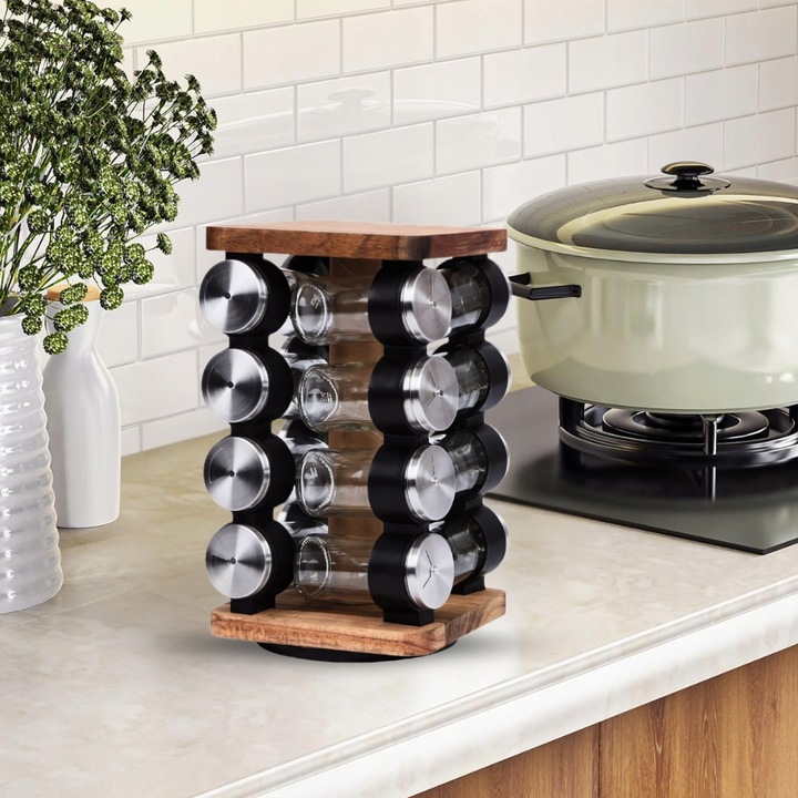 POJEMNIKI NA PRZYPRAWY STOJAK PRZYPRAWNIK OBROTOWY Drewniany 16 SŁOICZKÓW