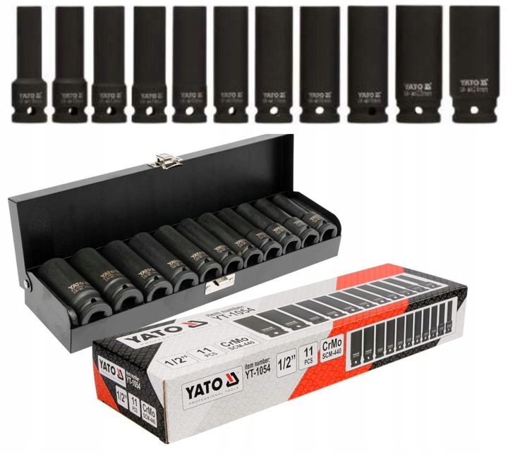 YATO NASADKI UDAROWE KLUCZE NASADOWE DŁUGIE 1/2'' 11el KUTE WALIZKA
