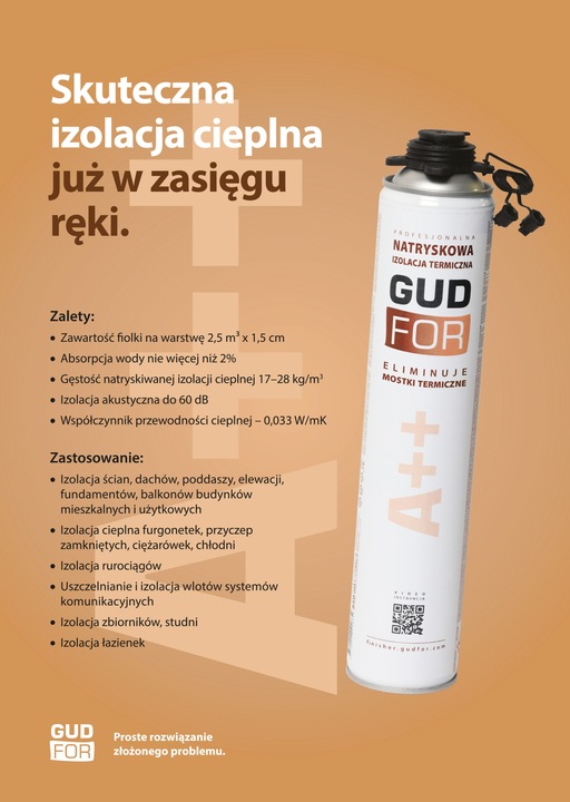 Pianka PUR do ociepleń izolacji, 2 dysze do natryskiwania 850ml GUDFOR A++