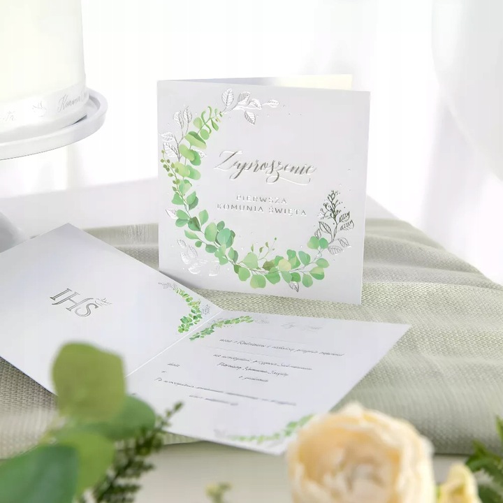 ZAPROSZENIA NA KOMUNIE komunijne + KOPERTY białe eukaliptus dla gości 10szt