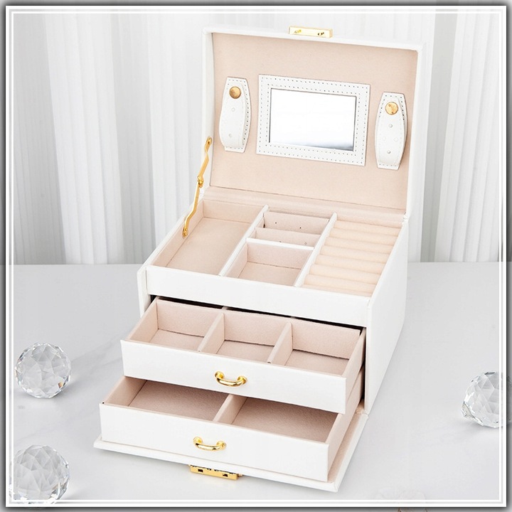 SZKATUŁKA KUFEREK NA BIŻUTERIĘ POJEMNY ELEGANCKI PUDEŁKO Z LUSTERKIEM BIAŁE