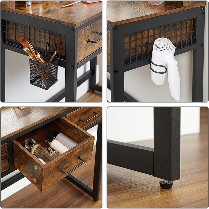 Toaletka z Lustrem Rustykalna Szuflady Taboret Zestaw Ciemny Brąz