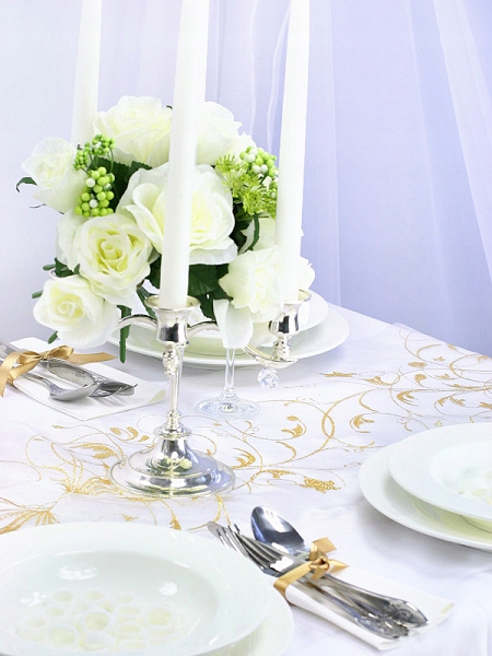 Organza Bieżnik Kremowa Złoty Wzór Dekoracja Stołu Komunia Chrzest Wesele