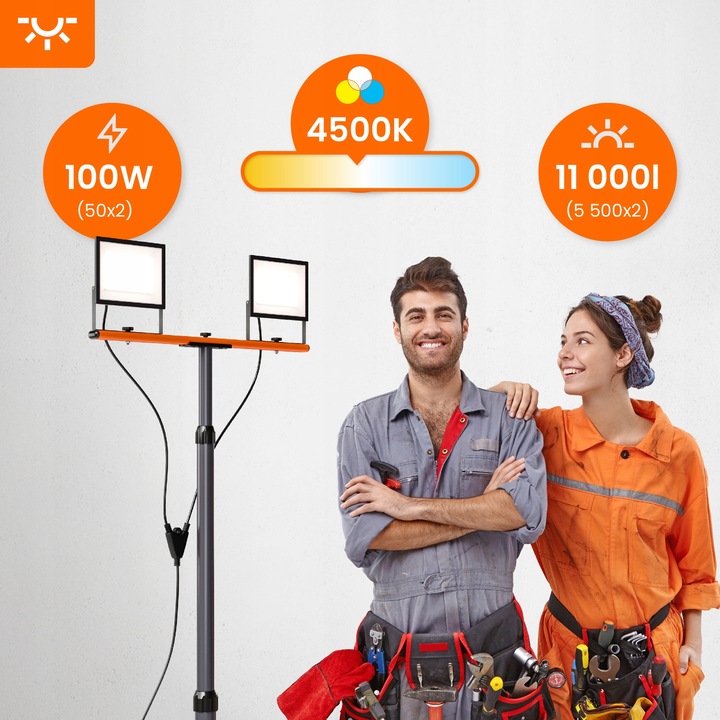 Halogen LED Statyw Budowlany Naświetlacz 2x 50W 11000lm Lampa Na