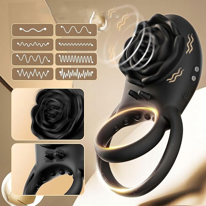 Męski wibrujący pierścień na penisa z różanym stymulatorem łechtaczki 8