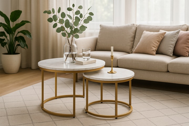 STOLIKI KAWOWE ZESTAW 2w1 ROZKŁADANE DO SALONU GLAMOUR MARMUR BIAŁY