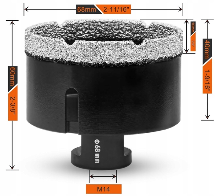 OTWORNICA DIAMENTOWA KORONKA WIERTŁO 68mm M14 DO GRES PŁYTEK GLAZURY