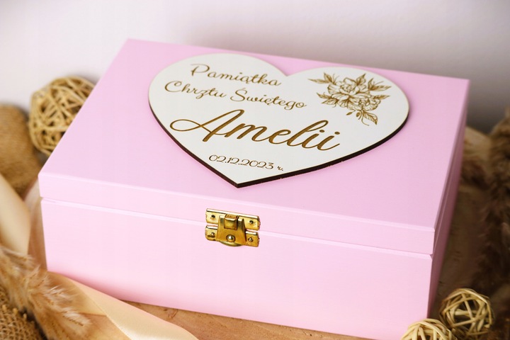 Pamiątka Chrztu Świętego Prezent na Chrzest Święty GOTOWE PUDEŁKO Różowe
