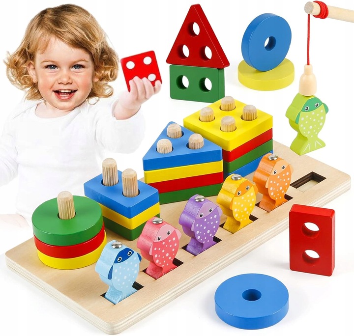 V4 ŁOWIENIE RYBEK SORTER DREWNIANY UKŁADANKA FIGURY 4 WIEŻE WĘDKA RYBKI 2w1