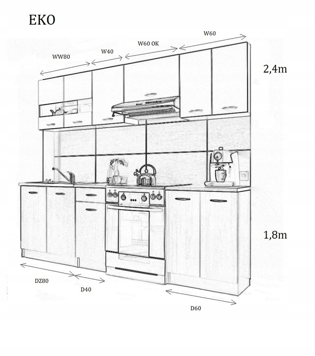 MEBLE KUCHENNE KUCHNIA ZESTAW SZAFKI MODUŁOWE BLAT JOLA 2,4M DĄB