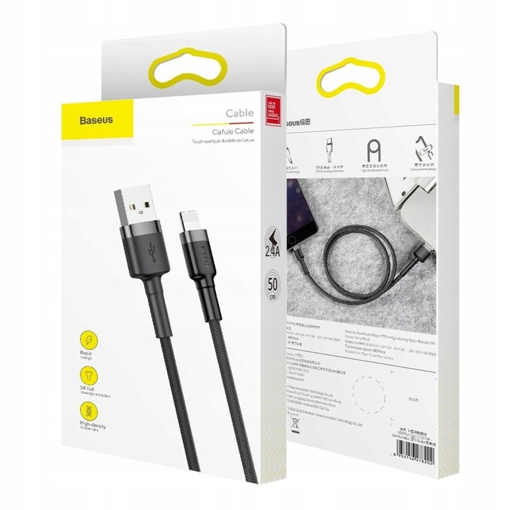 BASEUS KABEL USB LIGHTNING DO IPHONE 2.4A MOCNY W OPLOCIE 0,5M