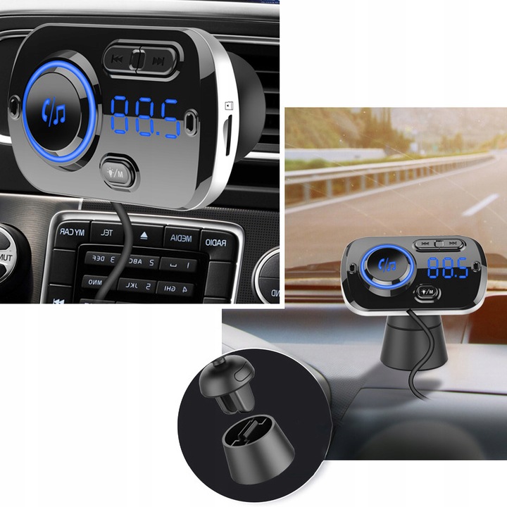 TRANSMITER BLUETOOTH FM SAMOCHODOWY 2X SZYBKA ŁADOWARKA USB-C AUX