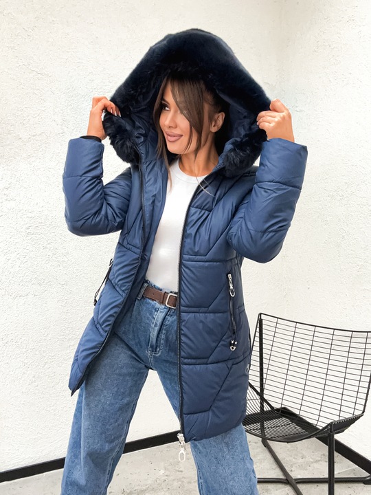 Ciepła zimowa długa kurtka damska pikowana granat 8377 roz S