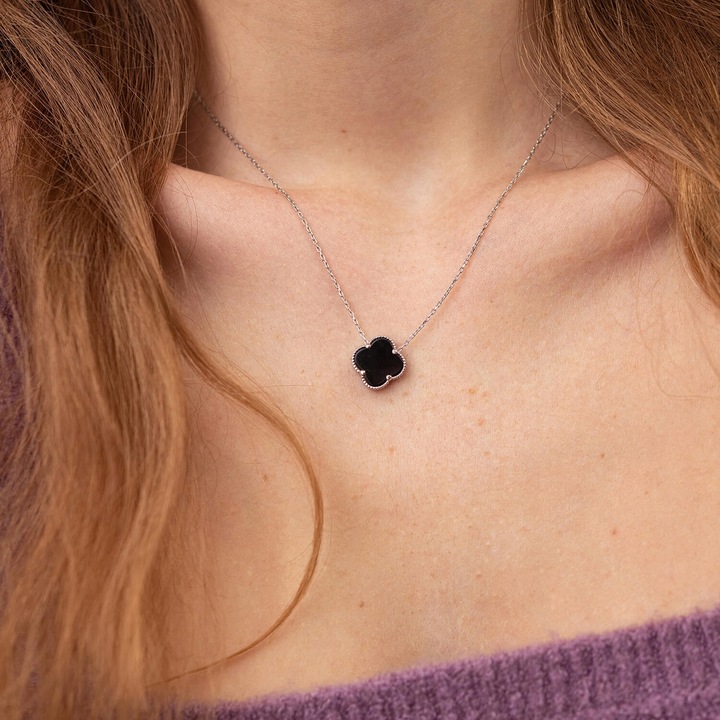 SREBRNY Naszyjnik Damski Łańcuszek SREBRO pr. 925 Koniczynka ONYKS + GRATIS