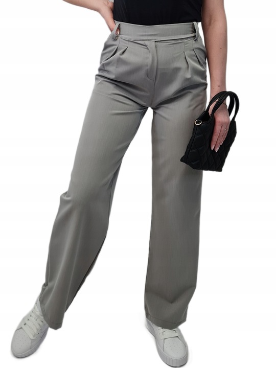 Nowoczesny GARNITUR DAMSKI Szary, Krótka Marynarka i Szerokie Spodnie, r.M