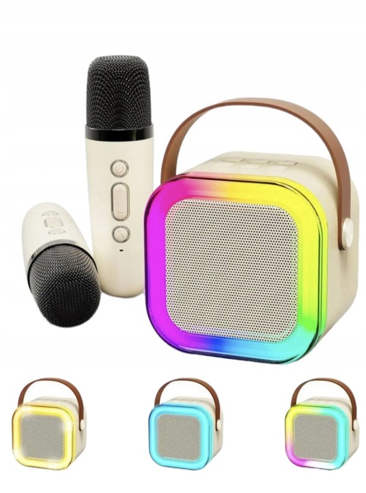 ZESTAW KARAOKE PRZENOŚNY GŁOŚNIK +2 MIKROFONY ŚWIECĄCY EFEKTY DŹWIĘKOWE USB