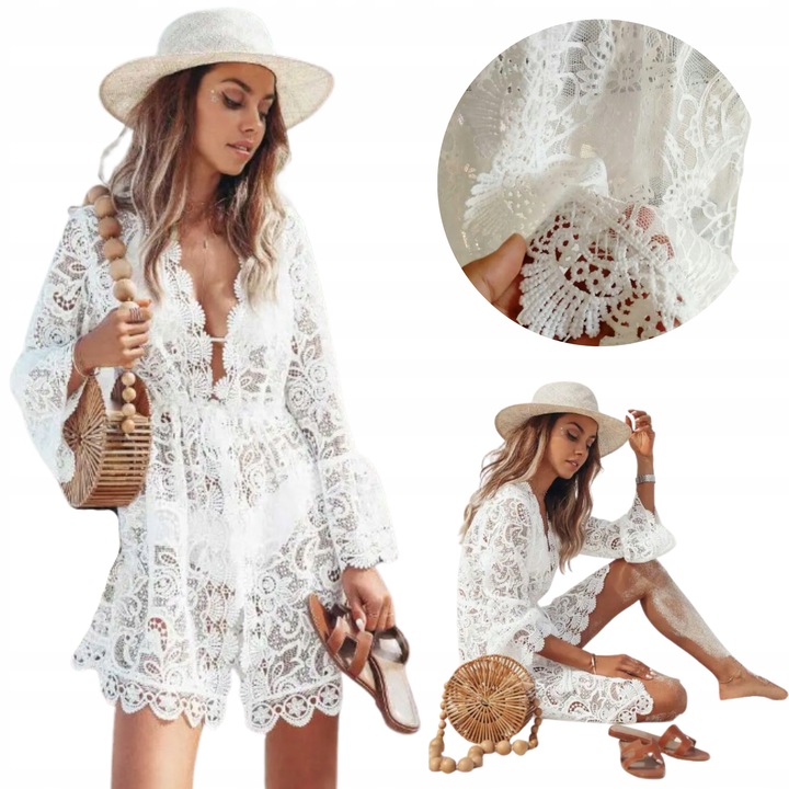 PAREO PLAŻOWA TUNIKA LETNIA BOHO NARZUTKA KORONKA BIAŁA SUKIENKA NA LATO