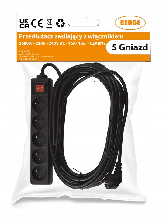 Przedłużacz Listwa Zasilająca 5 Gniazd 10m 3000W 3*1,5mm2 Z