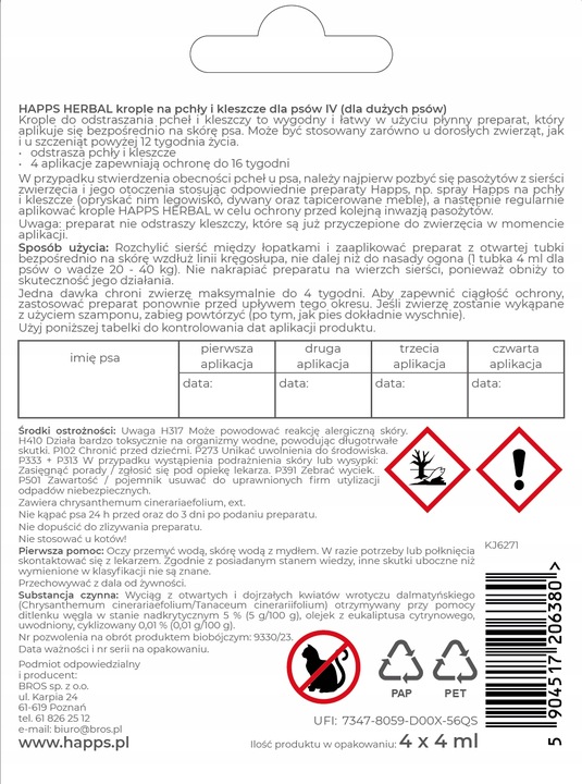 HAPPS Herbal krople na pchły i kleszcze dla psów dużych 20-40 kg, 4x4 ml