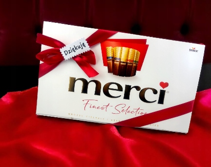 Podziękowanie dziękuje Bombonierka Merci 400g Storck prezent czekoladki