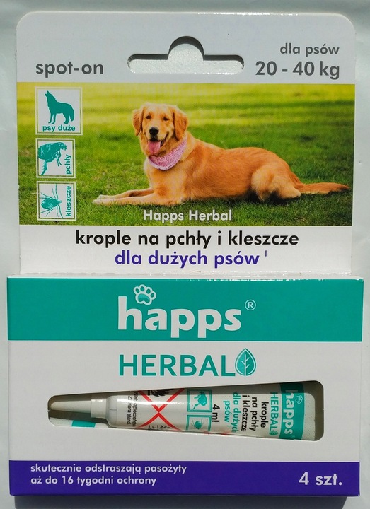 Krople na pchły i kleszcze dla dużego psa HAPPS HERBAL pieska 20 - 40