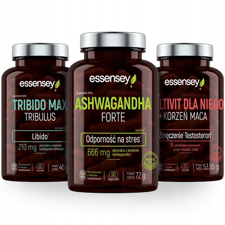 ZESTAW KONCENTRACJA TESTOSTERON ENERGIA Ashwagandha Tribulus Witaminy Maca