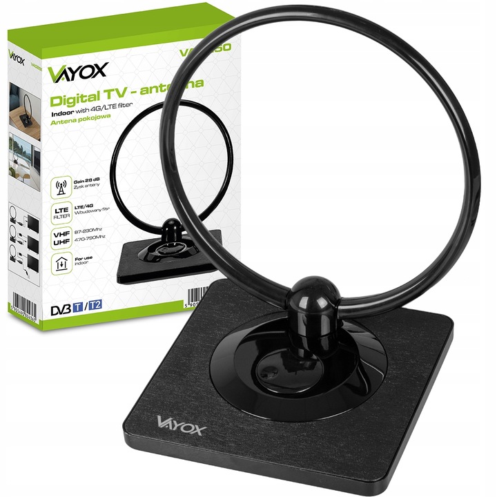 ANTENA POKOJOWA DVB-T2 AKTYWNA DO TV NAZIEMNEJ WZMACNIACZ 4K LTE MUX8 VAYOX