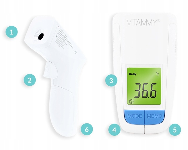 TERMOMETR BEZDOTYKOWY ELEKTRONICZNY NA PODCZERWIEŃ VITAMMY FLASH CERTYFIKAT