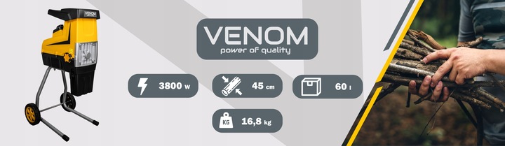 ELEKTRYCZNY ROZDRABNIACZ VENOM RĘBAK DO GAŁĘZI PRO MOCNY SILNIK 2X