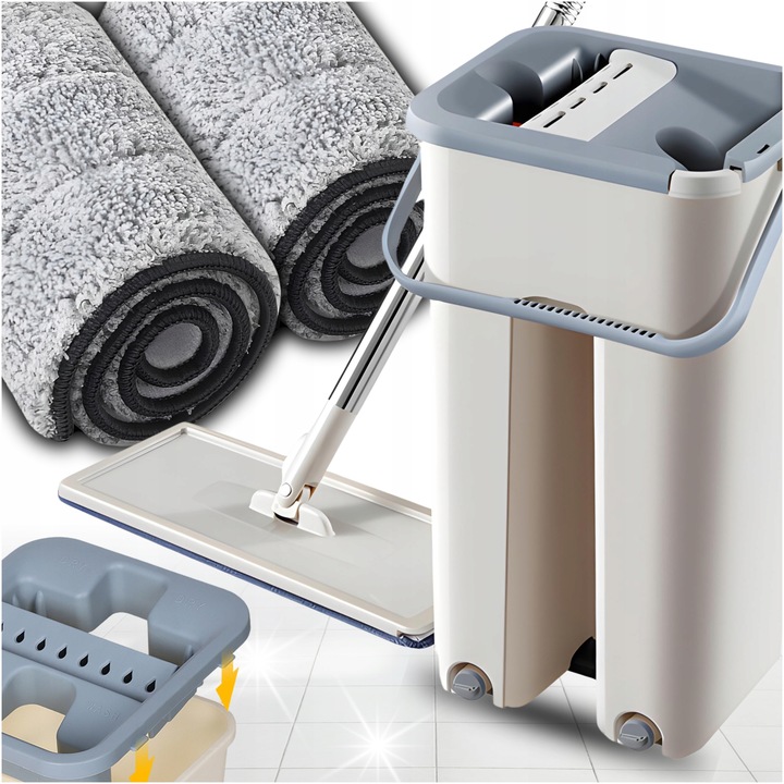 MOP PŁASKI Z WYCISKACZEM WIADREM DWUKOMOROWYM + WKŁADY MIKROFIBRA