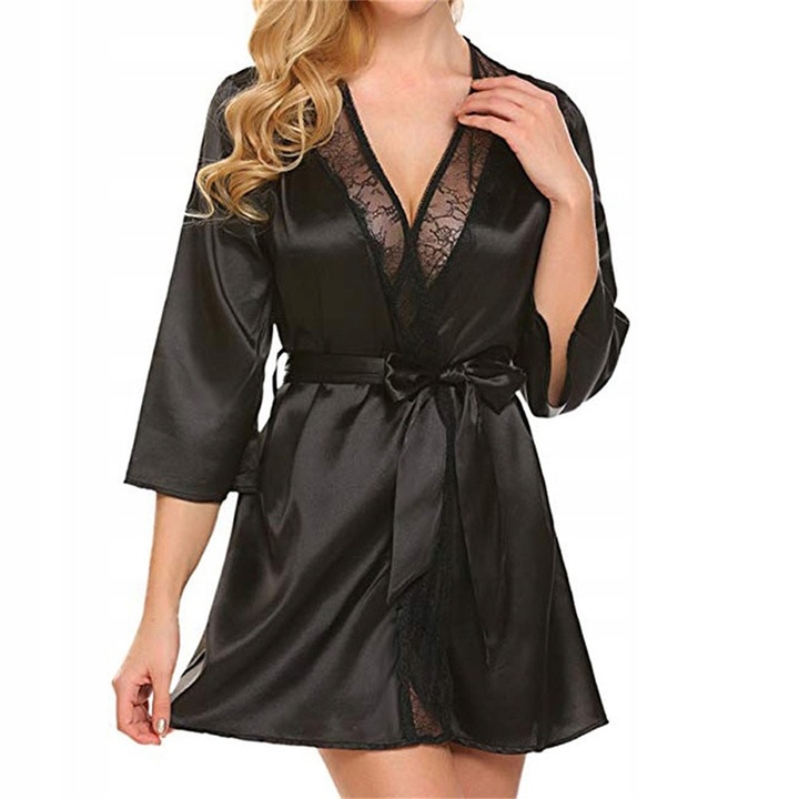 SATYNOWY SZLAFROK DAMSKI PODOMKA Z KORONKĄ ELEGANCKI PENIUAR STRINGI KOLORY