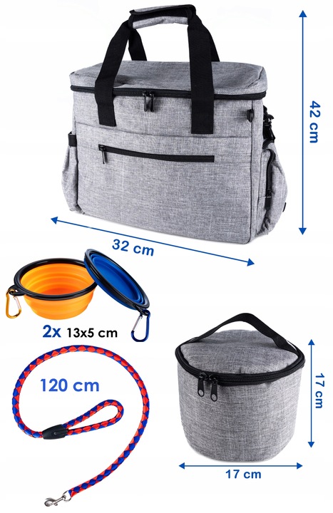 Torba podróżna dla psa miski pojemniki smycz worki