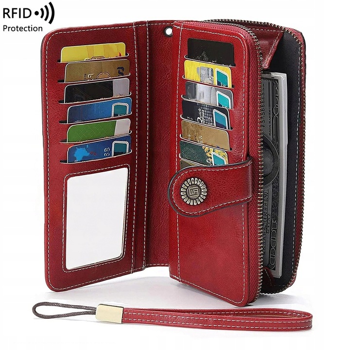 PORTFEL SKÓRZANY DAMSKI CZERWONY RFID ELEGANCKI FUNKCJONALNY POJEMNY