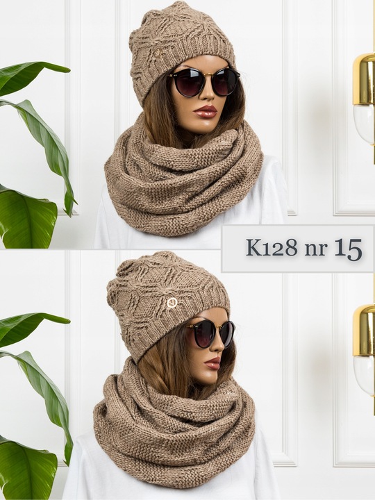 KOMPLET damski CZAPKA + KOMIN ciepły zimowy szal POLSKI z wełną KOLORY