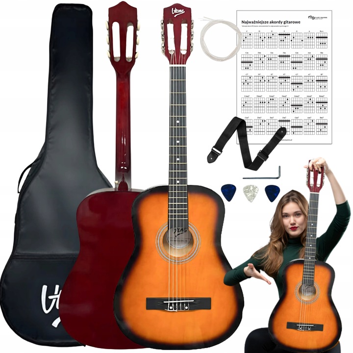 GITARA KLASYCZNA 4/4 DLA POCZĄTKUJĄCYCH DO NAUKI ZESTAW KOSTKI POKROWIEC