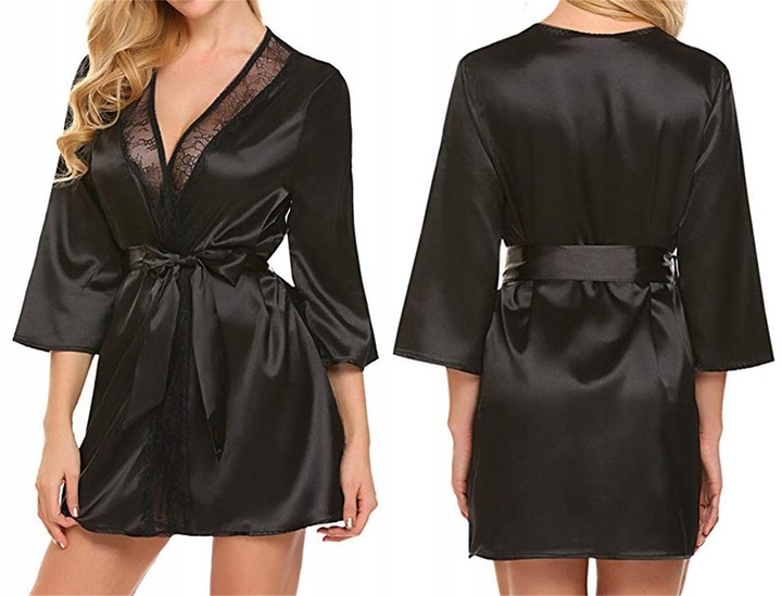 SATYNOWY SZLAFROK DAMSKI PODOMKA Z KORONKĄ ELEGANCKI PENIUAR STRINGI KOLORY