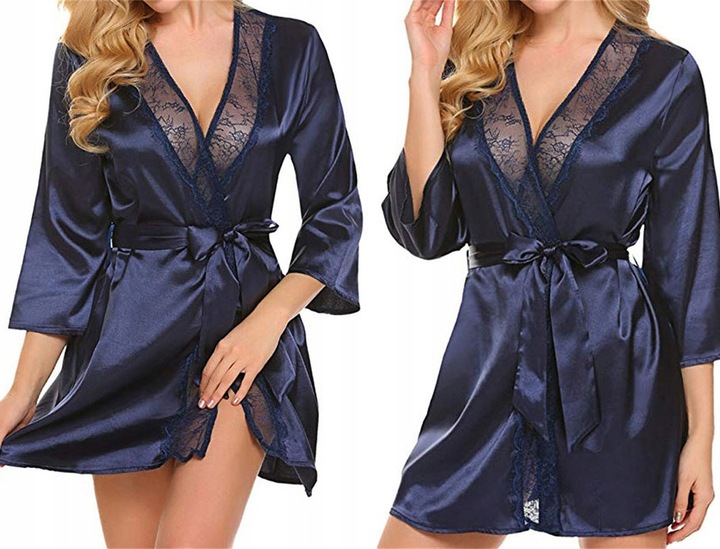 SATYNOWY SZLAFROK DAMSKI PODOMKA Z KORONKĄ ELEGANCKI PENIUAR STRINGI KOLORY