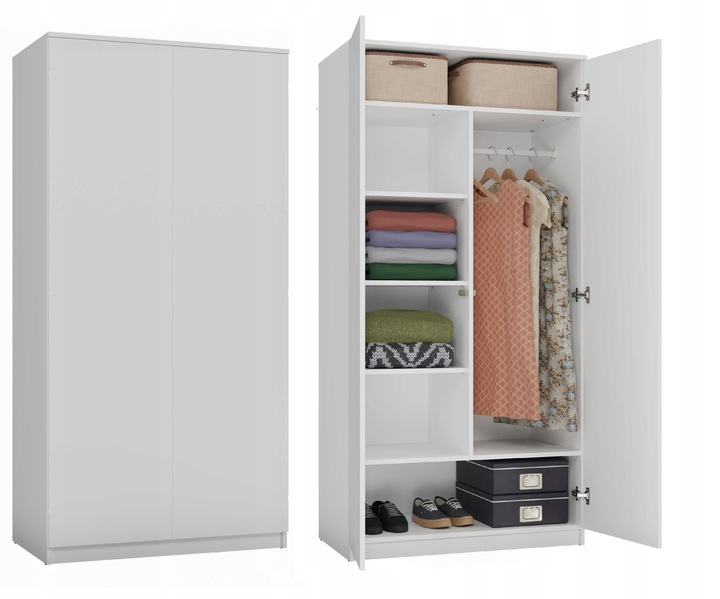 SZAFA GARDEROBA SD-90 BIAŁA 90CM DRZWI PÓŁKI POJEMNA FUNKCJONALNA