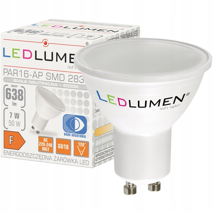 Zestaw 10x Żarówka LED GU10 7W=50W 638lm Premium Nie Mruga Neutralna