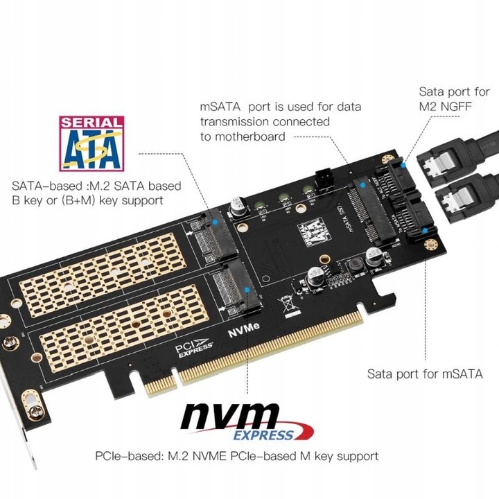 Adapter 3x dysk M.2: SATA + NVMe + mSATA PCI-e x16