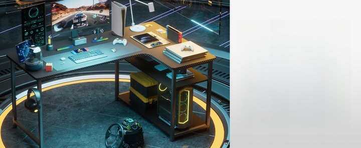 Biurko Gamingowe Narożne z półką i portem ładowania USB na Czarnym