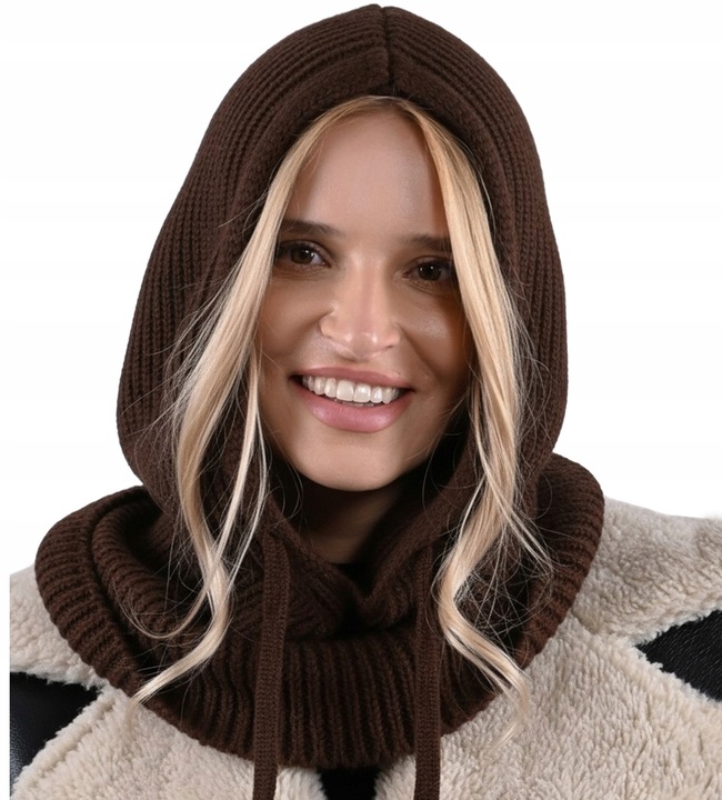 CZEKOLADOWA Kominiarka KAPTUR komin Balaclava Czapka damska zimowa