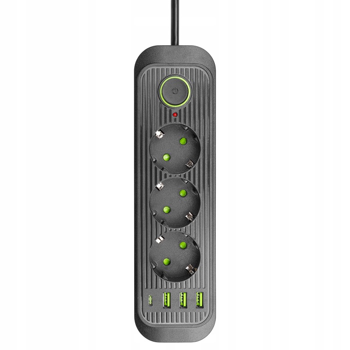 Przedłużacz listwa 2m zasilająca 4x USB UZIEMIENIE 3 GNIAZDA CZARNY 3x1MM