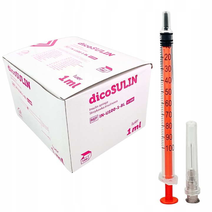 Strzykawki Insulinowe Z Igłą U100 1ml Zestaw 100 Sztuk 0,4x13 mm Zarys