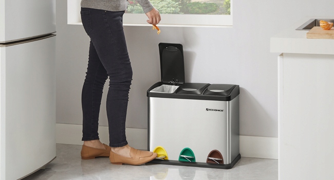 Kosz na śmieci odpady METALOWY 3 KOMORY do segregacji recykling 24l srebrny