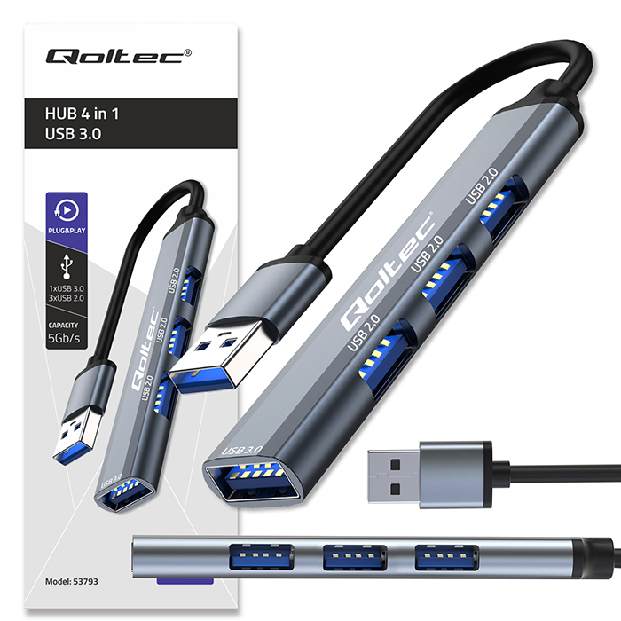 Qoltec Hub Adapter Rozdzielacz USB-C 3.0 4w1 USB 3.0 3x USB 2.0 5Gb/s